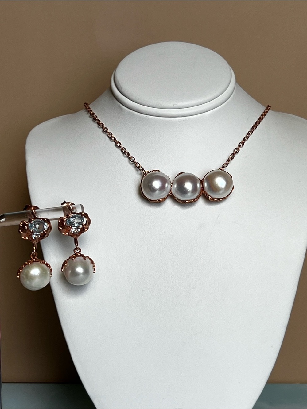 Rose Gold over Sterling Pearl Necklace and Drop Earrings Set